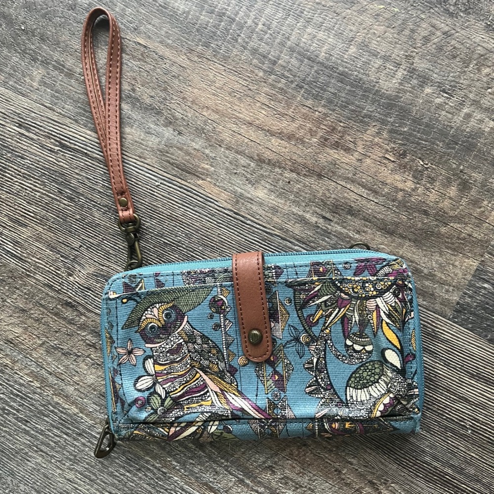 Sakroots Wristlet Wallet Blue Owl‎ Floral Print Boho Purse Small